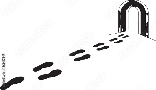 Footprints leading to open doorway arch representing journey path or new beginnings silhouette style