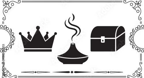 Epiphany three wise men gifts set crown incense burner chest religious symbols silhouette ornate border