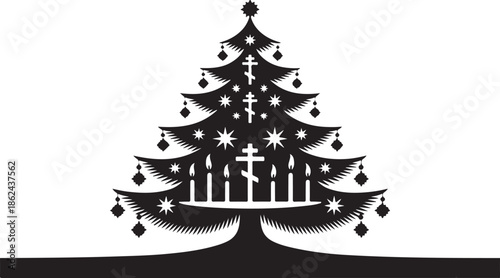Stylized christmas tree silhouette decorated with orthodox crosses candles stars holiday religious symbols black