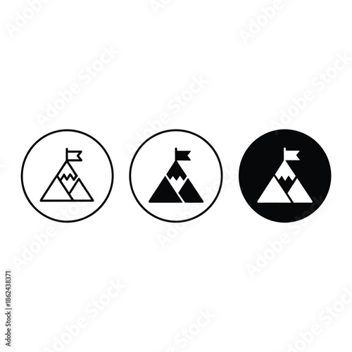 Mountain icons with flags in circles varying backgrounds displayed
