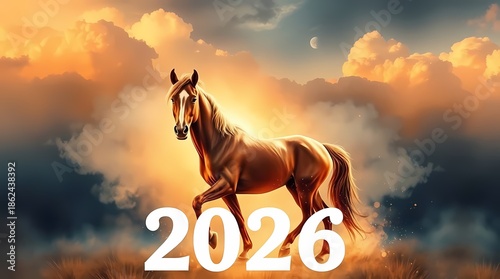 Intense dramatic illustration, warm golden glow of a horse with 2026 text. Chinese New Year theme.