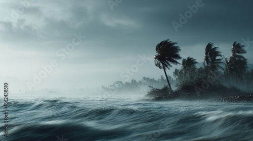A Dramatic Seascape: Turbulent Ocean Waves and Wind-Swept Palm Trees