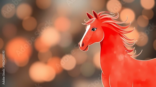 Red horse illustration, watercolor, zodiac, year of the horse, new year's card, blurred bokeh effect, sharp subject focus, soft background. Chinese New Year, 2026.