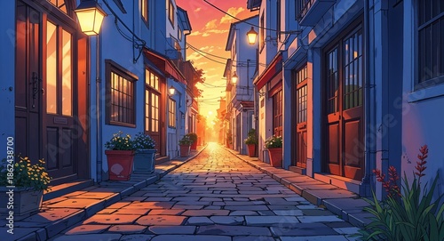 Morning light on narrow street with stone pavement anime cartoon illustration background scene