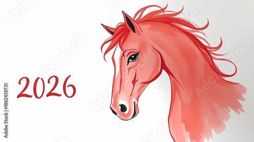 Red horse illustration, watercolor, zodiac, year of the horse, new year's card, with the text 2026. Chinese New Year illustration.