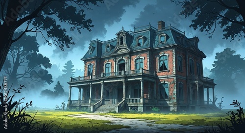 Old abandoned mansion surrounded by fog anime cartoon illustration background scene