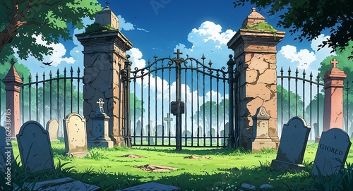 Old graveyard with twisted iron gates anime cartoon illustration background scene