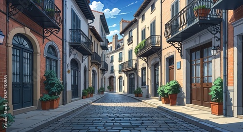 Quiet street with cobblestones and wrought iron balconies anime cartoon illustration background scene