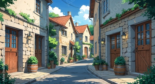 Quiet street with stone buildings and rustic doors anime cartoon illustration background scene