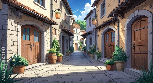 Quiet street with stone buildings and rustic doors anime cartoon illustration background scene