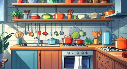 Small kitchen with open shelves and utensils anime cartoon illustration background scene