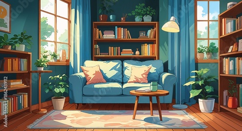 Small living room with corner bookshelf and floor lamp anime cartoon illustration background scene