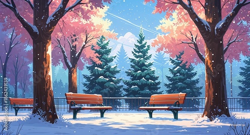 Snowy park benches under decorated pine trees anime cartoon illustration background scene