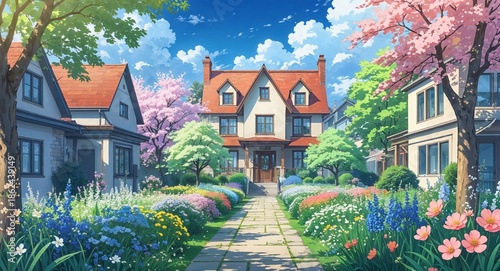 Springtime gardens blooming in front of houses anime cartoon illustration background scene