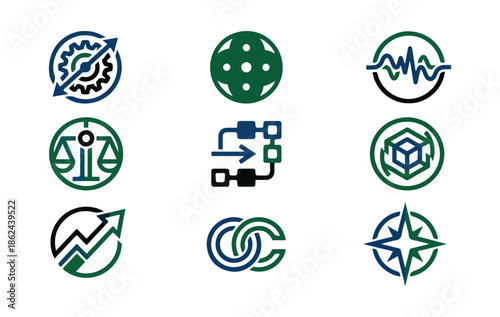 Abstract icon set nine graphic symbols on black background