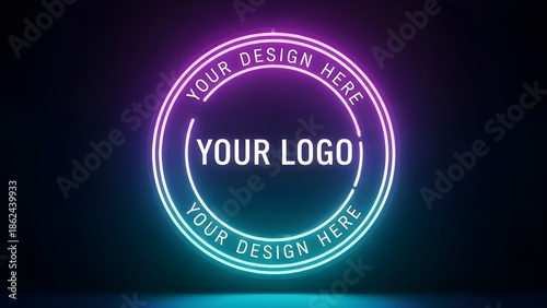 Vibrant neon circle logo mockup with glowing purple and blue light effect on dark background