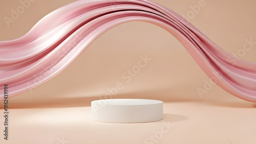 Elegant minimalistic display with a white podium and flowing pink fabric on a soft beige background
