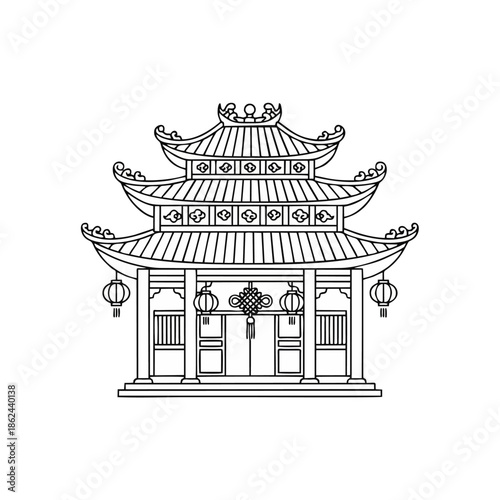 Chinese Temple Gate Icon Illustration in Traditional Asian Style