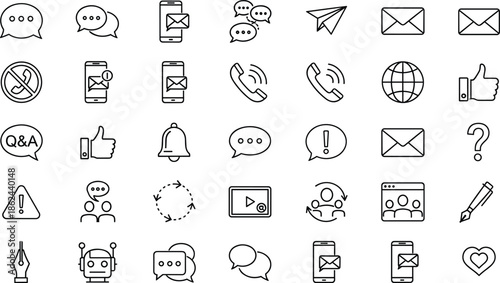 Communication icons collection, messaging symbols, email notifications, chat conversation signs, phone call icons, global connection elements, support help icons, social interaction graphics