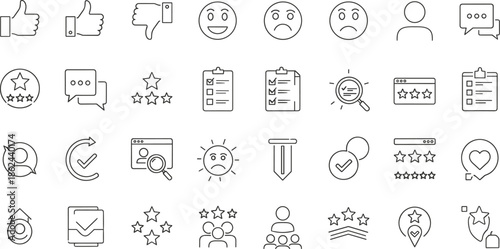 Customer feedback rating icons, review stars, satisfaction score symbols, evaluation checklist, thumbs up down, quality assessment, user experience analysis
