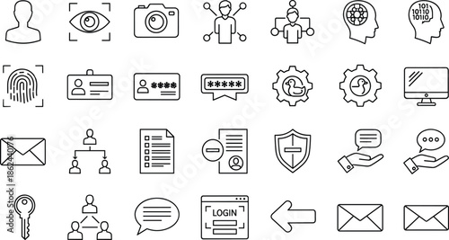 Cyber security and identity protection icons set, biometric authentication, data privacy, user login, communication symbols, password safety, digital access management