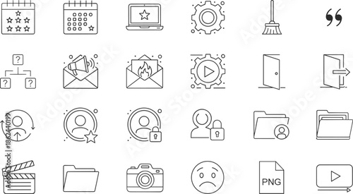 Digital tools and productivity icons set, task management, user access, file organization, media control, notifications, workflow settings, calendar events, creative elements