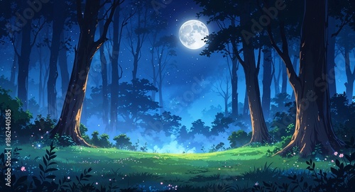 Magical forest night scene with moonlit fog anime cartoon illustration background scene