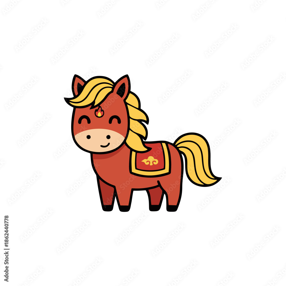 Obraz premium Cute cartoon red horse illustration with golden mane and tail, a cheerful and friendly character perfect for children's designs and playful graphic elements