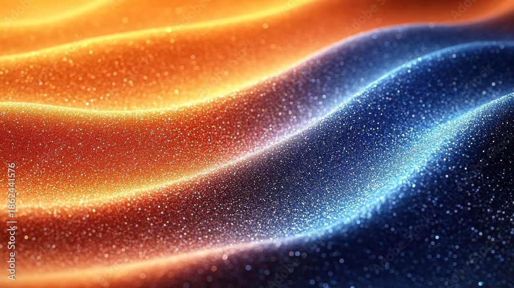Obraz premium Abstract Flowing Waves Of Orange And Blue Glitter Particles In Dynamic Motion