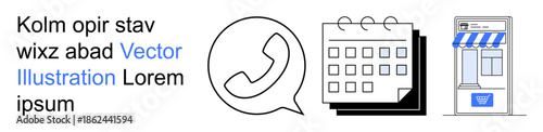 Communication, scheduling, e-commerce, business planning, appointments, small businesses. A phone icon, a calendar graphic and a storefront visual. Communication and scheduling concept