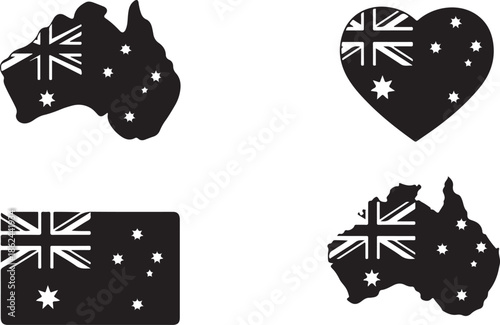 Australia flags and map silhouettes set australian flag black and white vector graphic emblems