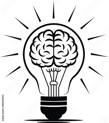 Bright idea or intelligence symbol visual a stylized brain inside a light bulb with rays emanating outwards