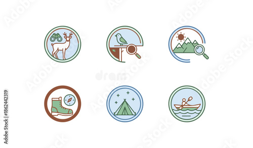 Outdoor adventure and exploration icon set design illustration