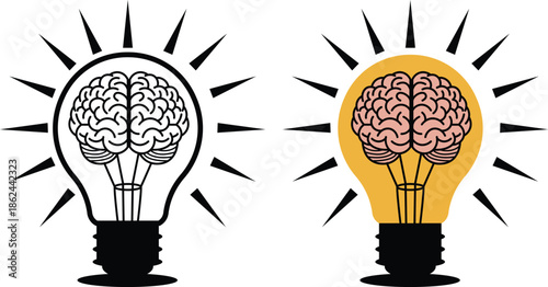 Innovation, intelligence, and the spark of inspiration symbol featuring a stylized lightbulb with a human brain