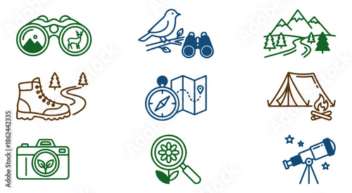 Outdoor adventure icons binoculars compass tent and more