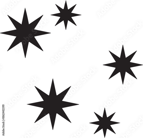 Scattered black star shapes in various sizes on transparent background