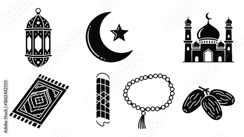 Black and white islamic symbols and objects for ramadan and eid celebrations including lantern mosque dates prayer mat