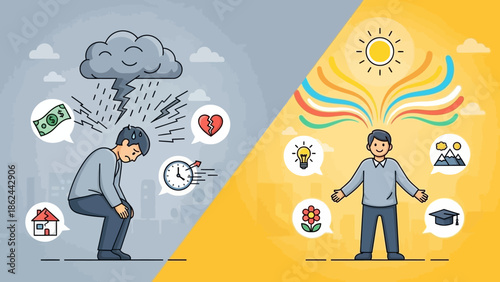 Illustration contrasting a person experiencing stress and negative thoughts with another person experiencing joy, creativity, and positive aspirations.