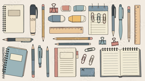 A collection of various stationery items including notebooks, pens, pencils, rulers, erasers, and paper clips, arranged in a flat lay style.