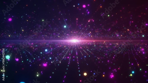 Vibrant particles and light rays emanating from a radiant central point in a dark space environment viewed from a distant perspective