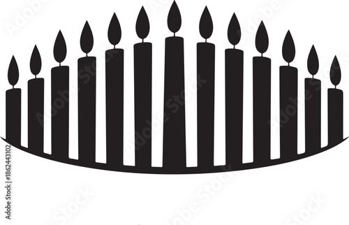 Black silhouette menorah like candelabrum with burning flames for religious holiday celebration
