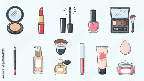 A collection of various makeup and cosmetic products arranged on a light blue background.