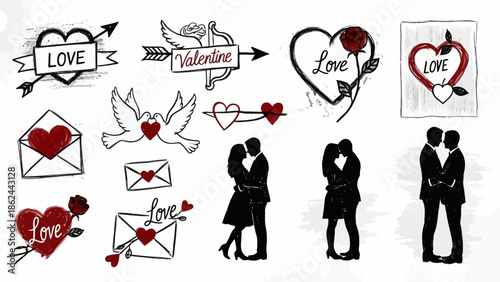 A collection of hand-drawn Valentine's Day themed illustrations featuring hearts, love letters, romantic couples, and doves.