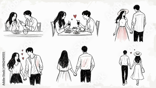 A collection of charming hand-drawn illustrations depicting romantic couples enjoying various intimate moments together.