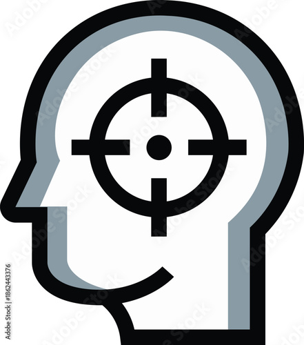 Focus, precision, mental concentration or aim symbol shows a human head profile with a crosshair target inside the head, 