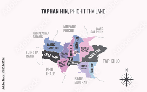 Map showing Taphan Hin District Phichit Thailand divided into sub districts with minimalist colorful patterns