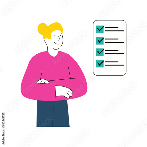 Woman standing near completed checklist