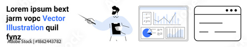 Man pointing at data charts for analysis, bar graphs, pie chart, analytics dashboard, and minimalist browser tab layout. Ideal for analytics, presentations, data research, education infographics
