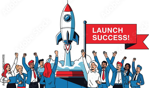 Team Celebrating Successful Rocket Launch, Innovation  Business Success Concept