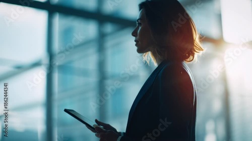 Woman using smartphone in modern office building with natural light.